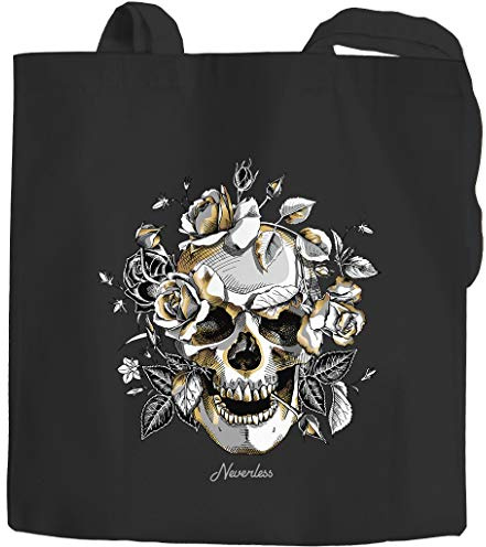 Autiga® Jutebeutel Totenkopf Rosen Skull Flower Schädel Baumwolltasche Stoffbeutel schwarz 2 lange Henkel