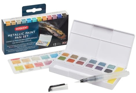 Derwent Inktense Metallic Paint Travel Set Palette, Tragbare Palette mit 12 Farben, Wassertankpinsel & Schwamm, Malerei, Reise-Set, Ideal zum Basteln, Professionelle Qualität, 2305657