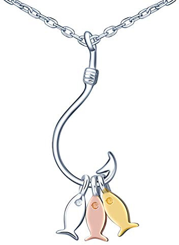 MicLee Damen Halskette Kette 925 Sterling Silber Niedlichen Angelhaken mit kleinen Fischen Anhänger Halskette Geschenkbeutel Super Geschenk für Mutter Freundin