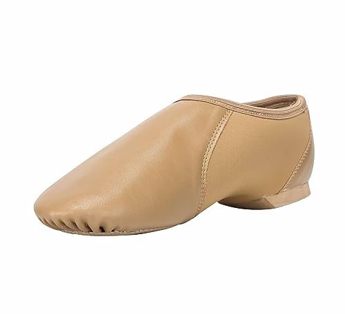 Linodes Unisex PU Leather Upper Slip-on Jazz Shoe with Circle Elastic for Women and Men's Dance Shoes-Brown-6.5M