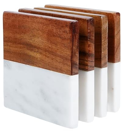 Marble Coasters for Drinks Set- Square 1/2 Wood & 1/2 Marble Drink Coasters. Absorbent Coaster Set of 4. Wood Coasters for Table or Bar