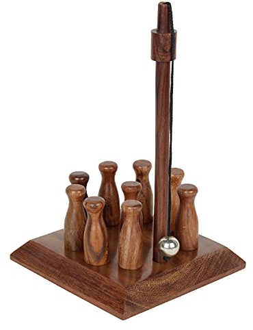 Ajuny Handcrafted Table Top Mini Bowling Game Set Wooden Bar Skittles Bowling Pin for Adults and Kids - Portable Home Office Desk Toys Gift Set of 10, Size 2 Inches