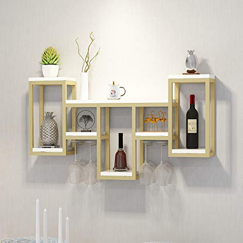 Metall Weinregal mit Glashalter Wandmontage Küche Weinregale & Schränke Weinflasche Glas Display Regal Massivholz Barschrank (Gold)