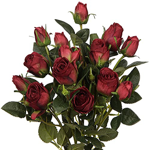 Briful 3 Stück Kunstblumen Künstliche Rosen Pflanzen Kunstrosen Rosenstrauss Einzelner Stiel mit 5 Blüten Rosen Hochzeitsdeko Kunstblumen wie Echt, Länge 60cm