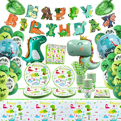 Dinosaurier-Geburtstagsparty-Zubehör für 20 Personen, Dinosaurier-Partydekorationen, Geburtstagsbanner, Luftballons, Tischdecke, Teller, Tassen, Servietten, Dino-Geburtstagsfeier für Kinder, Jungen