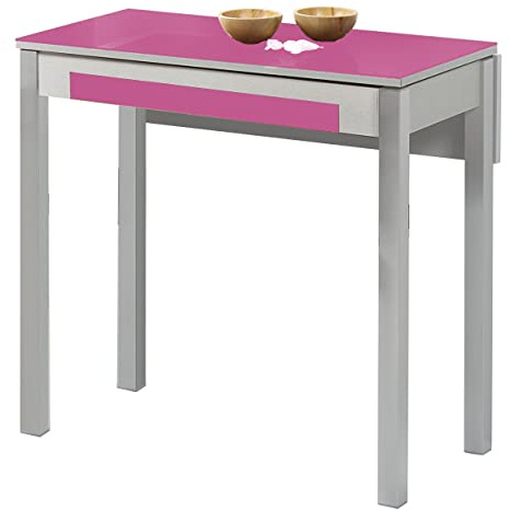 Mesa de Cocina Extensible 1 ala caida - 80x40 cm (80x60 cm) - Estructura y ala caida Color Aluminio - Tapa Cristal Color Fucsia