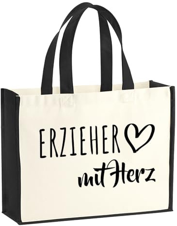Huuraa Jutetasche Erzieher mit Herz Geschenk | Großer Shopper 21 Liter Juteshopper Black Tasche aus Jute und Baumwolle Einkaufstasche Geschenkidee Tragetasche mit Motiv