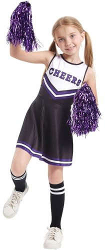 LOLANTA Cheerleader Kostüm Kinder, Cheerleadering Outfit Mädchen mit Pompons(6-7 Jahre,Schwarz,Tag 130)