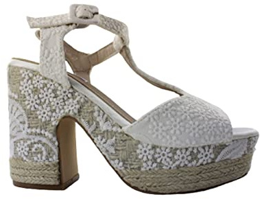 LARES Alpargatas novia blancas Sandalias con cuña esparto de mujer con encaje blanco con forma de t atado al tobillo. Color: blanco con forma de t atado al tobillo Talla: 37