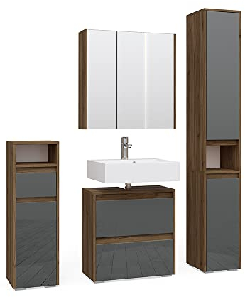 Vicco Badmöbel-Set Anthrazit Majest, bestehend aus Badspiegelschrank, Waschbeckenunterschrank, Midischrank, Hochschrank - Kombination aus Schubladen & Regalen