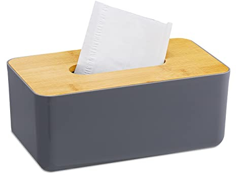 Relaxdays 4 x Taschentuchbox, nachfüllbar, Badezimmer, Tücherbox mit Bambus-Deckel, Kunststoff, HxBxT: 10x23x13 cm, grau/Natur