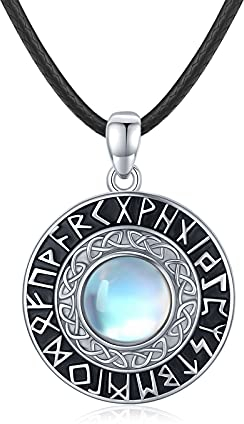 Viking Mondstein Halskette - Keltischer Knoten Anhänger 925 Sterling Silber - Nordische Rune Amulett Schutz Wikinger Schmuck für Herren Damen Freund Ehemann