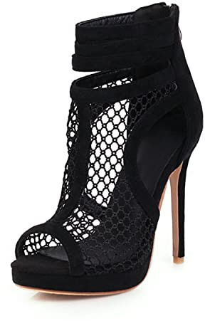bbruriy Unisexe Hommes Femmes Bout Ouvert Stiletto Chaussons Fermeture Éclair Talons Hauts Bottes Courtes Bottines À Talons Sexy Maille Plate-Forme Pompe Grande Taille 34-50,Noir,46