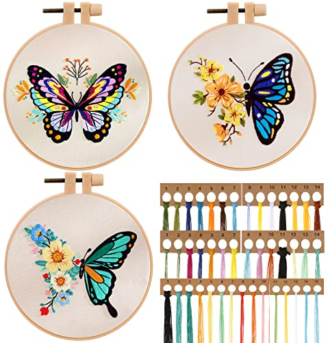JSRQT 3 Pezzi Farfalle Ricamo Starter Kit, Punto Croce Kit da Ricamare per Adulto, DIY Embroidery Cross Stitch Kit Cucito A Mano