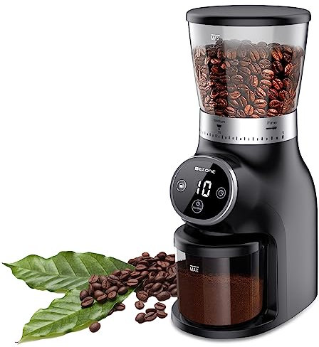 BEEONE - Conical coffee grinder with digital control, coffee grinder with 31 precise settings for 1-10 cups, electric coffee grinder with time display and count display