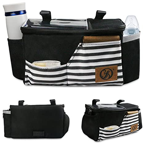 Kinderwagen Organizer mit Becherhalter, Schultergurt und Stauraum für Windeln&Handys,Baby Zubehör Buggy Organizer und Kinderwagen Taschen Plus mit Reißverschlusstasche. (Schwarz)