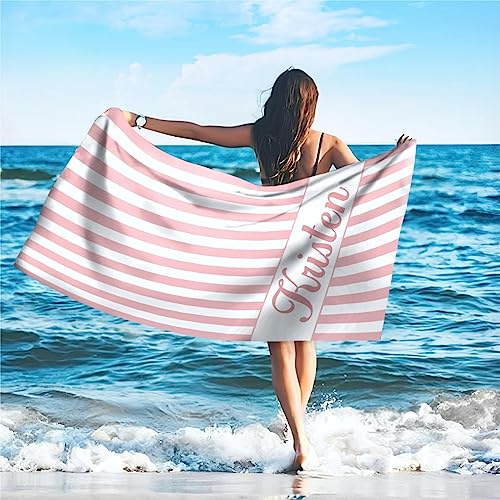 SearchI Personalisiertes Strandtuch mit Individuellem Namen 76X152cm,Schnell Trocknendes Mikrofaser Strandtuch Bequem und Weich Badehandtuch für Strand, Reise, Sauna(Pfirsich-Streifen)