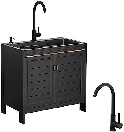 Spülbecken Schwarz Küche Spülbecken Edelstahl Waschbecken Ausgussbecken mit Warm Kaltwasserhahn Restaurant-Haus/Gewerbespülen-Set für Außen Innen Hotels Restaurants Küchen Bauernhaus. ( Size : 31.4X17