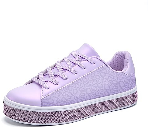 UUBARIS Baskets de tennis à paillettes pour femme - Fluo - Élégantes - Avec strass - Pour mariage - Chaussures de mariée à paillettes brillantes, Paillettes à imprimé léopard violet, 43 EU