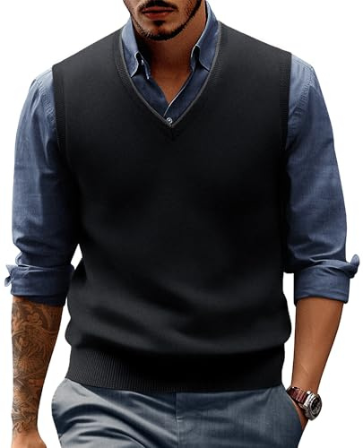 PJ PAUL JONES Gilet en tricot pour homme en laine mélangée avec col en V - Sans manches - Pull en tricot, noir, Taille L