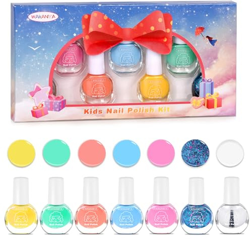 wakaniya kindernagellack Wasserbasis Peel Off Kinder nagellack Set mit Klarer Farbe, 7 Farben Schnell Trocknend Ungiftig Nagellack set Mädchen Perfekt für Geburtstagsgeschenke Nail Art