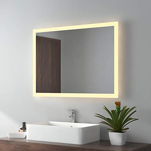 EMKE Badspiegel mit Beleuchtung 80x60cm, 3000K warmweißes Licht | LED-Badezimmerspiegel ohne Schalter, vertikale oder horizontale Montage, IP44 Schutz, moderner Wandspiegel