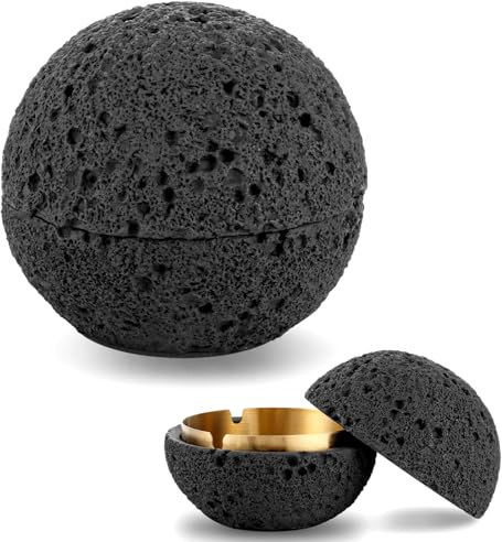 Oungy Utomhusaskkopp av betong och inre cylinder av metall, liten askkopp med lock, rund bordskräp med lock för utomhusbruk, luktsäker, användbar som vacker bordsdekoration (svart)