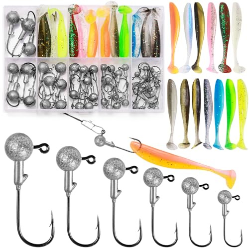 Annyswit 58 Pcs Jig Heads with Soft Plastic Lures, Perch Lures Kit