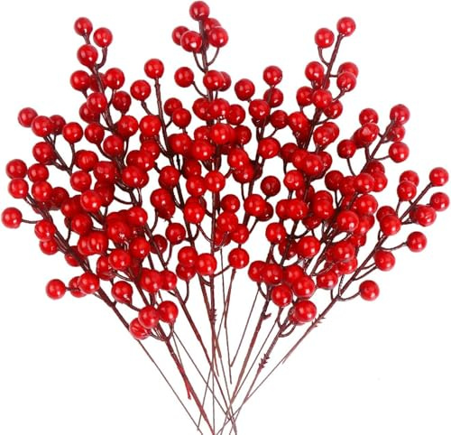 DERAYEE Künstliche Dekoration mit roten Beeren, 14 Stück, 22 cm, Zweige mit roten Beeren, Stechpalmenbeeren, Weihnachtsdekoration, Winterdekoration des Hauses