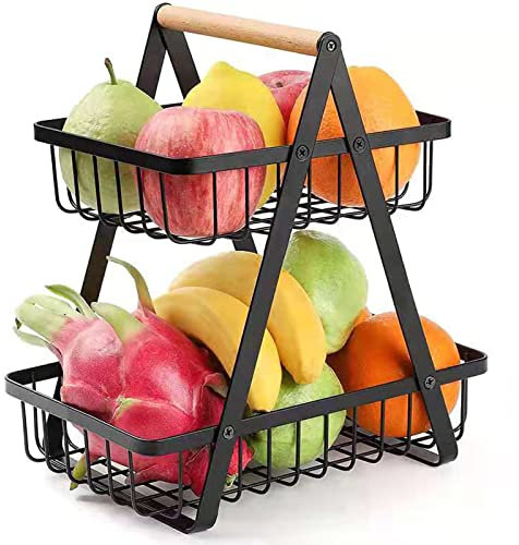 Sunicon 2 Tier Countertop Fruit Basket, Multifunctional Detachable Fruit Vegetable Shelf Rack High Capacity Fruit Bowle Basket (Black Large, Height: Approx. 42cm / 16.5in)