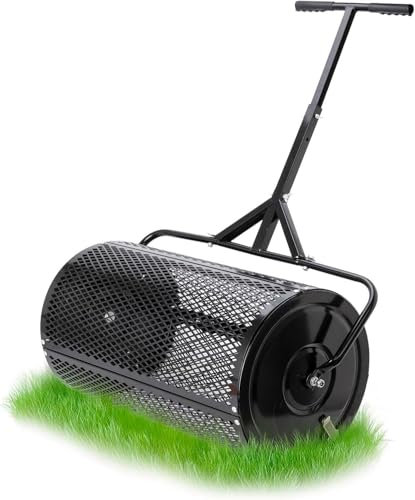 Raxjult Esparcidor de abono de 24 pulgadas con mango en forma de T para plantar sembrar, esparcidor de malla de metal duradero para el cuidado del césped y el jardín, rodillo patentado