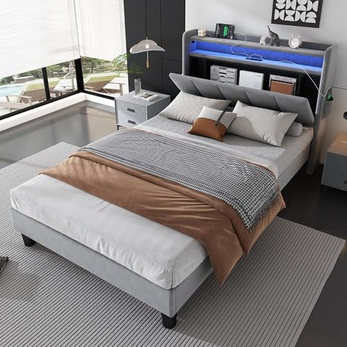 LED Single Bed Frame, 3ft Upholstered Platform Bed with 4 USB Ports Outlets, LED Light Strip and Channel Tufted Storage Headboard/Velvet Fabric/Sturdy Wooden Slat Support/No Box Spring Needed, Grey