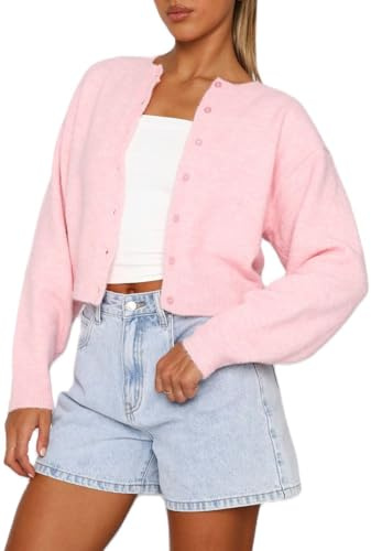Siyova Women's Cardigans Knitted Long Sleeve Button Down Lightweight Soft Cardigan Sweater Solid Color Crew Neck Knit Tops for Autumn Winter Spring (Pink, S)