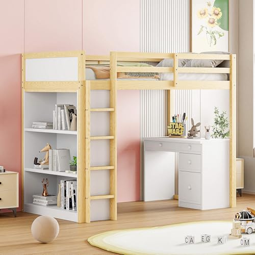 MQGPM Hochbett 90x200 cm mit Schreibtisch und Ablagefächern, Einzelbett Holzbett mit Schubladen und Rausfallschutz, Bettgestell mit Lattenrost und Leiter, Stauraumbett für Kinderzimmer, Holzfarbe