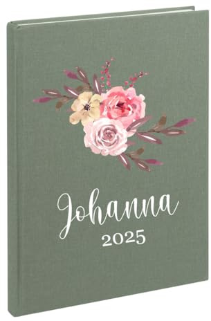AWASG Notizbuch A5 – Personalisiert mit Name – Notizheft 200 Seiten dotted – Leinencover Grammatur 100g/m² - Blumen rosa (olive)