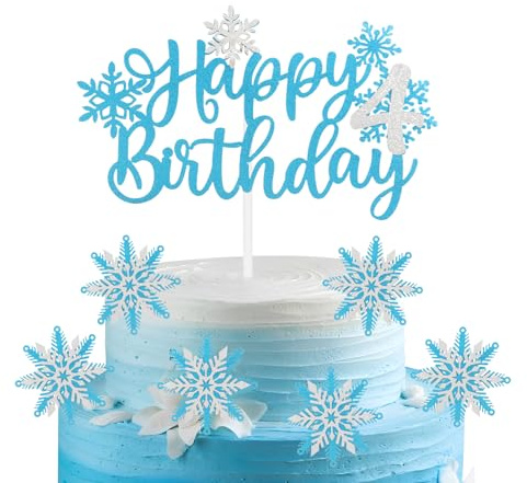 mciskin 7pcs Frozen Birtdhay Cake Toppers,Blue Snowflake 4th Birthday Decorations for Girl,4 Cake Topper,Frozen Cake Decorations,Blue Silver Cupcake Toppers for Snowflake Themed Party Decorations