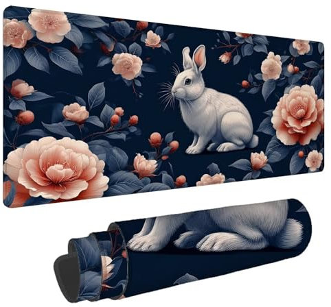 Tapis de Souris Lapin Tapis de Souris XXL Fleurs 1500x800x4mm Tapis Souris Gamer, sous Main Bureau Ordinateur Portable, Mouse Pad Bords Cousus Caoutchouc Antidérapante, pour Souris et Clavier A-152