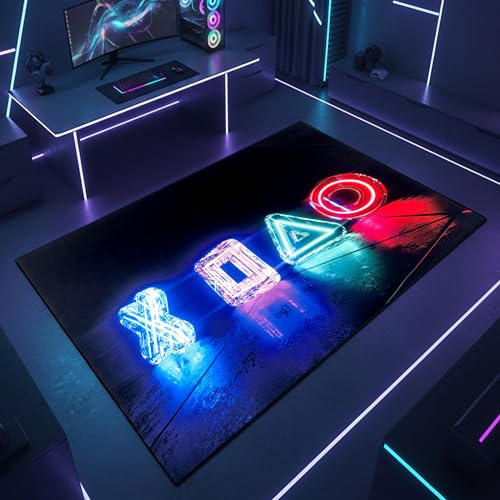 Teppich-Traum Gaming Teppich Futuristisches Neon Design 120x160 cm | Futuristische Lichtoptik für Gamer-Setup und Jugendzimmer, rutschfest, waschbar, pflegeleicht, flach und strapazierfähig