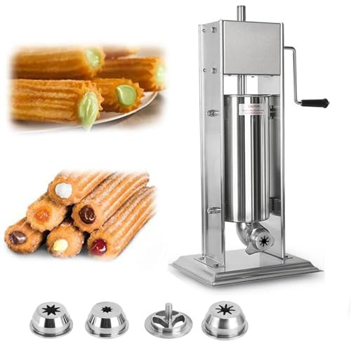 Commercial Maker Churros Machine with 4 Molds, 10L Stainless Steel Vertical Spanish Donut Churros Machine Maker Snack Equipment Manual Deep Fryer and Stand for Restaurant Home Use