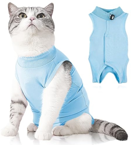 Plimbin Cat Recovery Suit Post Surgery Bodysuit for Cats, Anti-Lick Pet Vest for Kitten Spaying, Professional Recovery Suit for Abdominal Wounds or Skin Diseases (Blue, L)