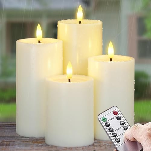 Yeelida Exterior Pack de 4 Velas LED Impermeables Sin Llama con Mando a Distancia, Temporizador Funciona con Pilas Efecto Aceite de Cera Parpadeante de Plástico (Marfil, 7,5cm x10 12,5 15 17,5cm)