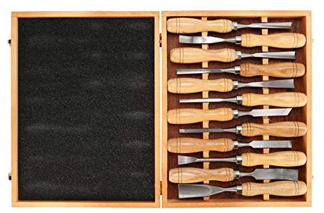CLLBANT Ensemble de Ciseaux à Bois 12 pièces Ciseaux de Tour Ciseaux à Bois en Acier au Chrome Vanadium pour débutants et Amateurs de Sculpture Sculpture de Racines DIY avec boîte en Bois,