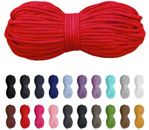 Slantastoffe 50 Meter Baumwollkordel 5mm, Baumwollschnur, Kordel, Seil, Turnbeutel, 21 Farben (Rot)