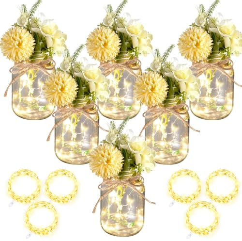 Chunful 6 Pcs Mason Jar Lights Table Centerpiece Decorations Set Rustic Farmhouse Coffee Table Decor with Led Lights for Wedding Dining Room Kitchen Decor
