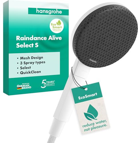 hansgrohe Raindance Alive Select S - wassersparender Duschkopf 7,1 l/min (EcoSmart), Handbrause mit 3 Strahlarten (inkl. PowderRain), Duschbrause, Sparduschkopf, Antikalk-Funktion, Mattweiß, 24511700