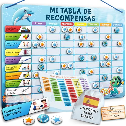 LIKARTO Tabla de Recompensas para Niños - Pizarra magnética con muchas tareas y 280 imanes - Inspira el buen comportamiento - Calendario educativo infantil - Azul