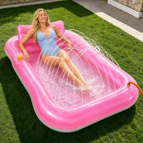Luftmatratze Pool Erwachsene,Aufblasbarer Sonnenpool mit Getränkehalter,Griff und Rückenlehne,Luftmatratze Wasser mit Eingebautem Sprinkler,Wasserspielzeug für Erwachsene Pool Strand Sommerspaß