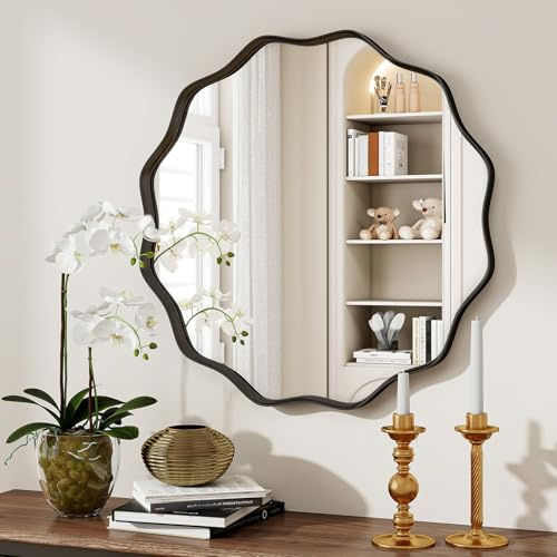 BEAUTYPEAK Runder Spiegel 50 cm, Schwarz Wandspiegel mit Gewellter Kante | Badezimmerspiegel mit Aluminiumrahmen, zum Aufhängen und Anlehnen, Rund Wandspiegel für Schlafzimmer, Flur, Zimmer Deko