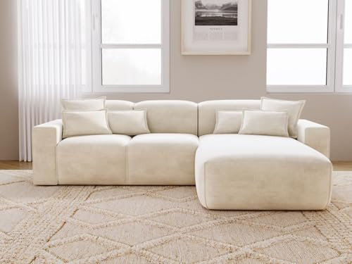 GRAINGOLD Leni Ecksofa 265x180 cm, L-Form Sofa, Ecksofa für Wohnzimmer, Geflechtstoff, 3-Sitzer Eckcouch, Modernes Design (Beige, Rechts)