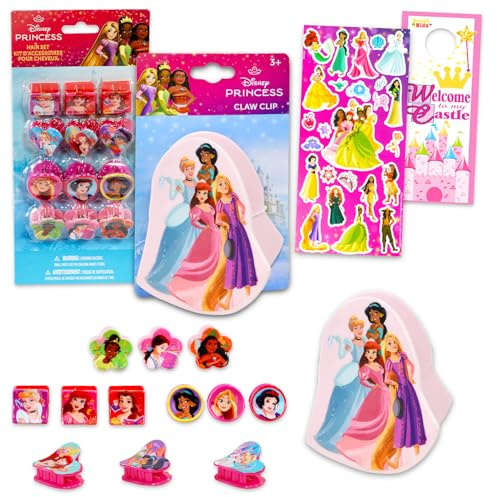 Disney Prinzessinnen-Haarschmuck für Mädchen – Bündel mit 12 Mini-Haarklammern, 6 Pferdeschwanz-Halter, elastische Haargummis plus Aufkleber, mehr | Disney Prinzessinnen-Verkleidungszubehör für Kinder